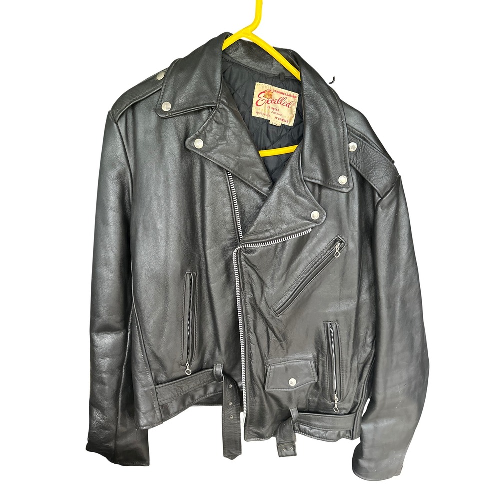 Vintage Excelled Leather Motorcycle Jacket Mens 44L Black Biker Belt Made in USA
